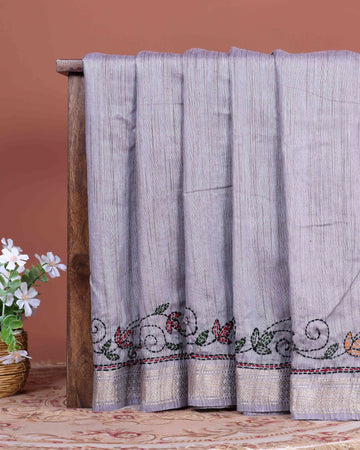 Elegant Kantha Hand Embroidered Saree with Traditional Floral Motifs and Woven Contrast Border - Light Grey