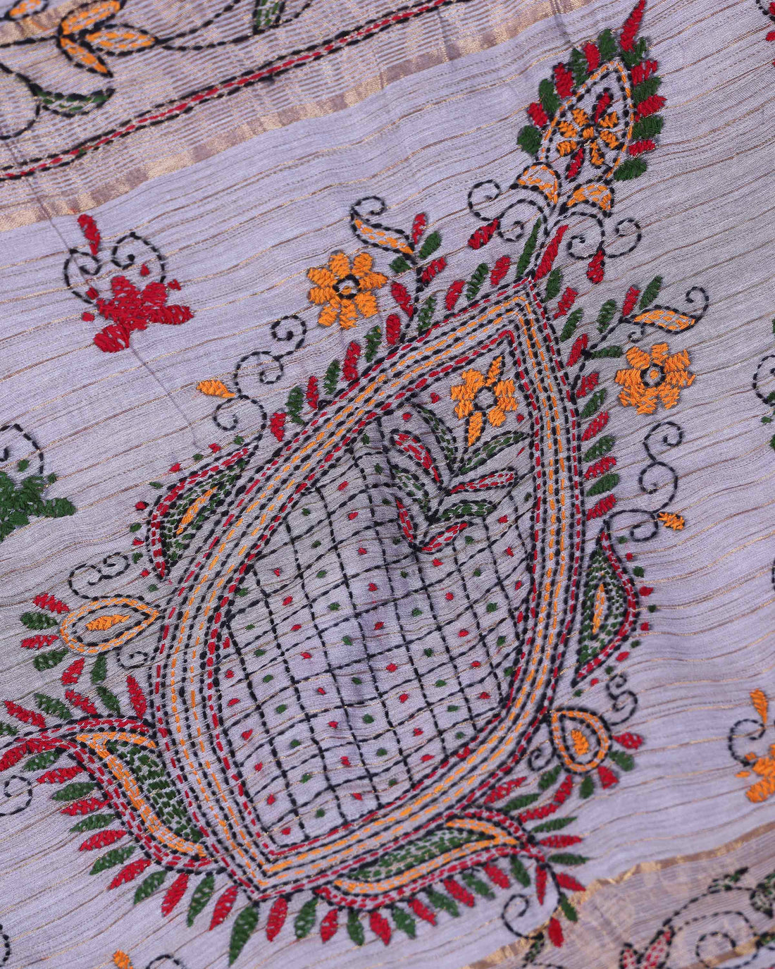 Elegant Kantha Hand Embroidered Saree with Traditional Floral Motifs and Woven Contrast Border - Light Grey