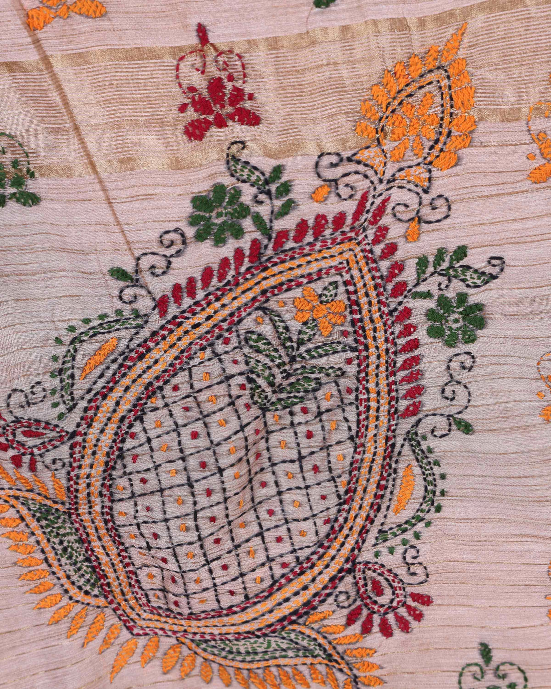 Elegant Kantha Hand Embroidered Saree with Traditional Floral Motifs and Woven Contrast Border - Light Brown