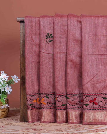 Elegant Kantha Hand Embroidered Saree with Traditional Floral Motifs and Woven Contrast Border - Dusty Pink