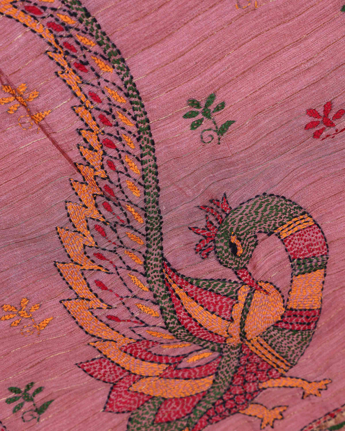 Elegant Kantha Hand Embroidered Saree with Traditional Floral Motifs and Woven Contrast Border - Dusty Pink