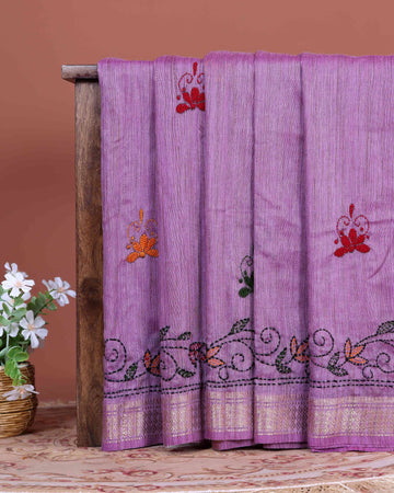Elegant Kantha Hand Embroidered Saree with Traditional Floral Motifs and Woven Contrast Border - Lavender