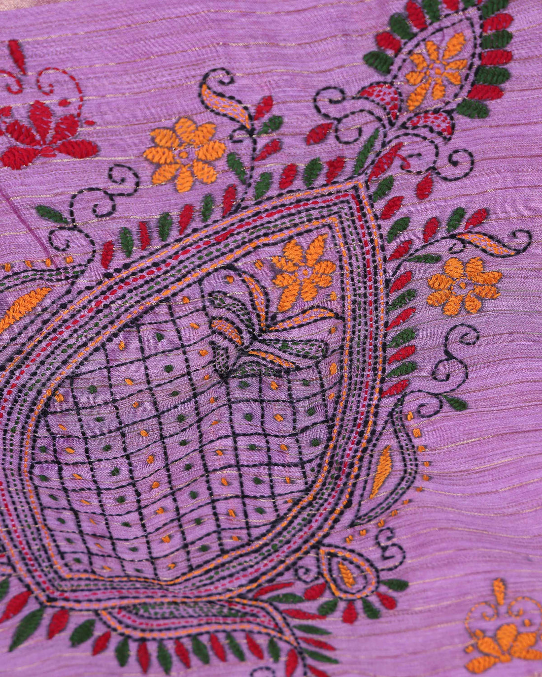 Elegant Kantha Hand Embroidered Saree with Traditional Floral Motifs and Woven Contrast Border - Lavender