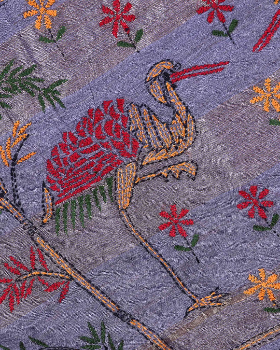Elegant Kantha Hand Embroidered Saree with Traditional Floral Motifs and Woven Contrast Border - Dark Grey
