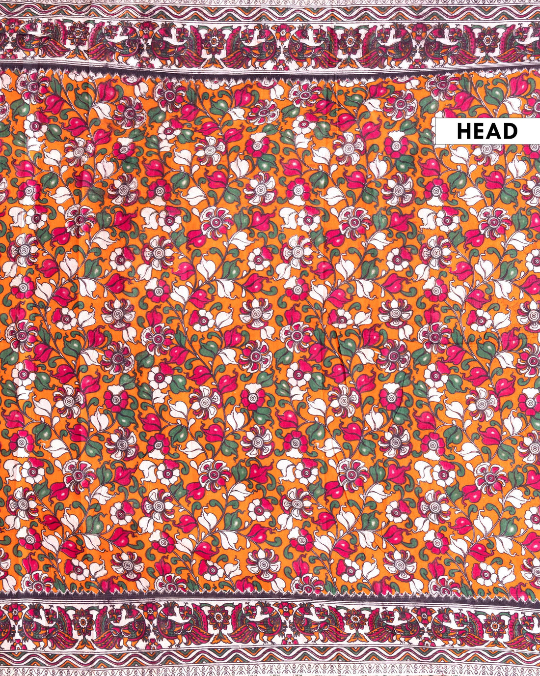 Traditional Kalamkari Printed Cotton Saree with Intricate Folk Peacock Design Border - Orange