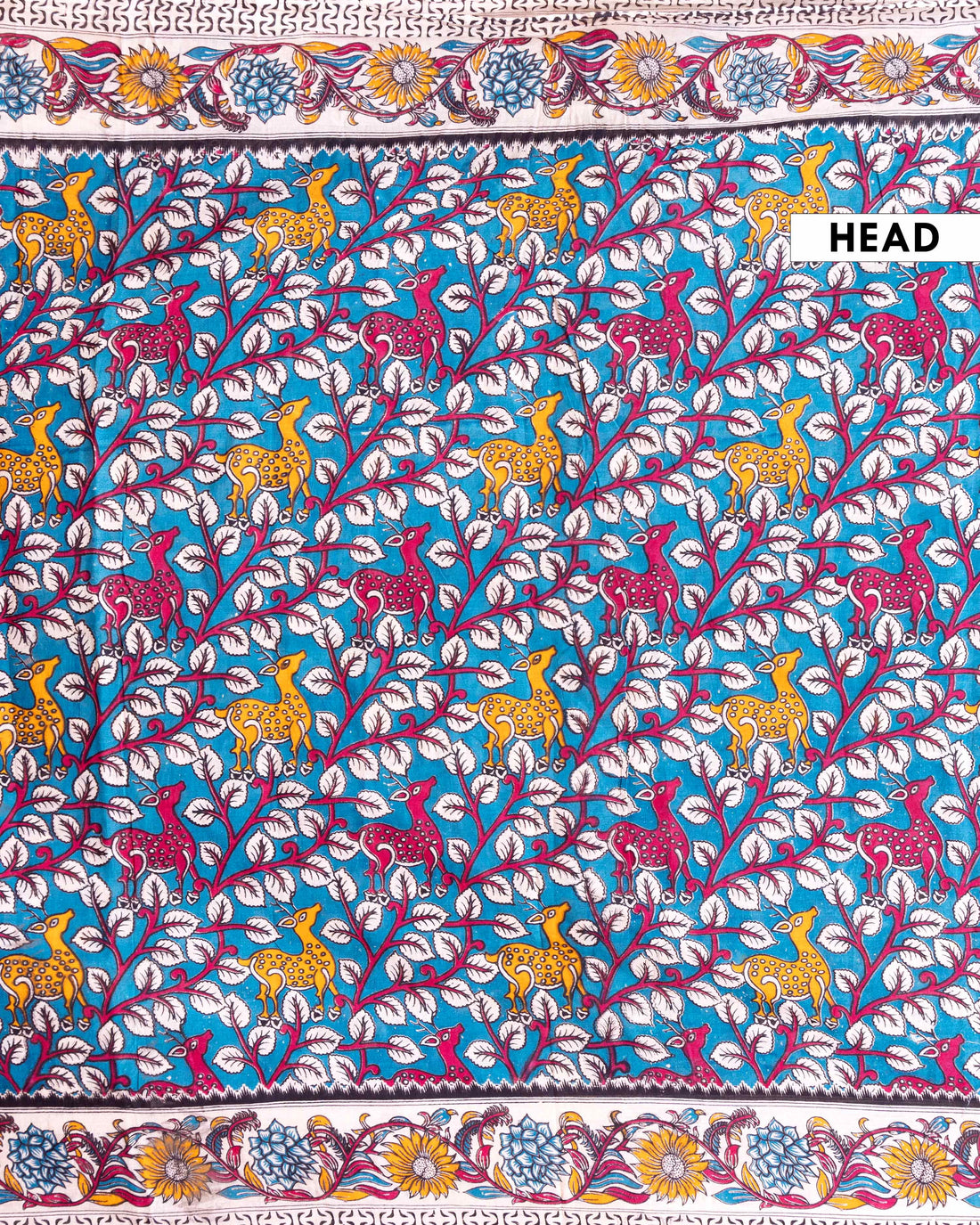 Handloom Kalamkari Cotton Saree with Tree of Life Motifs and a Floral Border - Blue