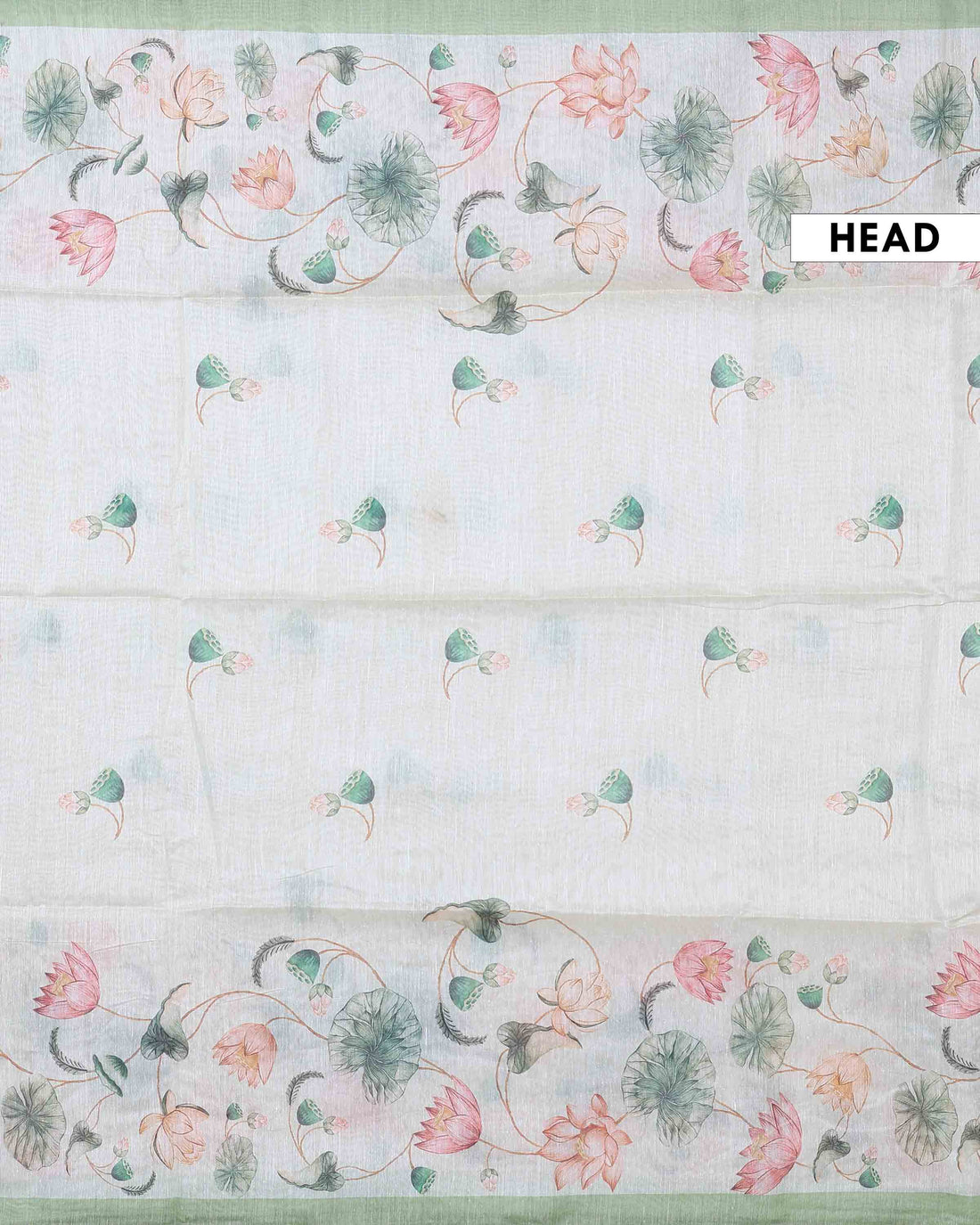 Elegant Linen Blend Saree with All Over Lotus and Botanical Floral Print and Contrast Woven Border - Green