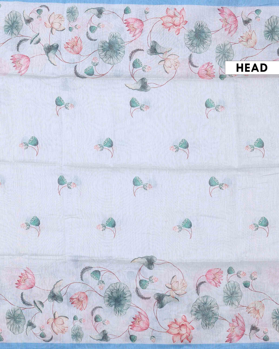 Elegant Linen Blend Saree with All Over Lotus and Botanical Floral Print and Contrast Woven Border - Blue