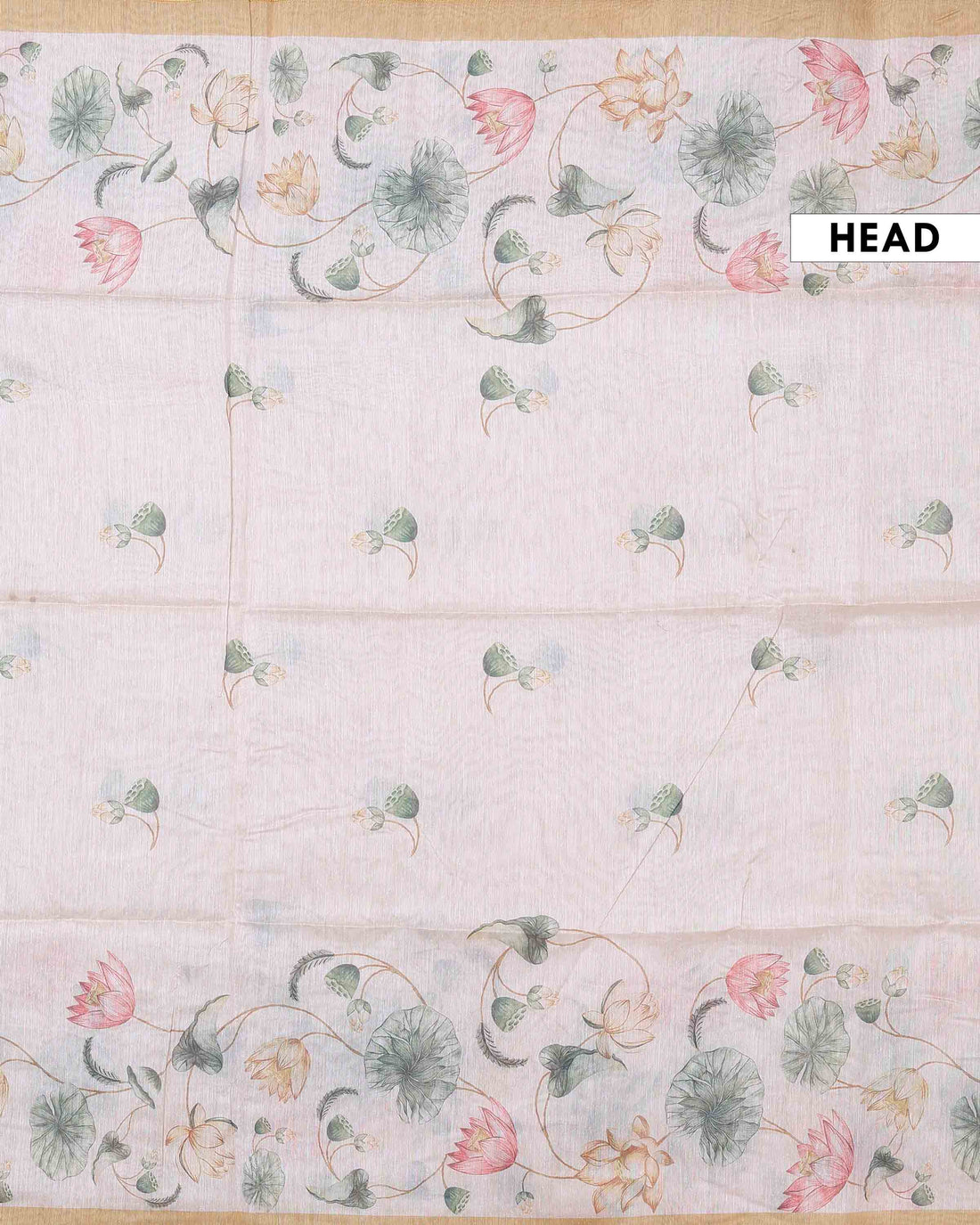 Elegant Linen Blend Saree with All Over Lotus and Botanical Floral Print and Contrast Woven Border - Beige