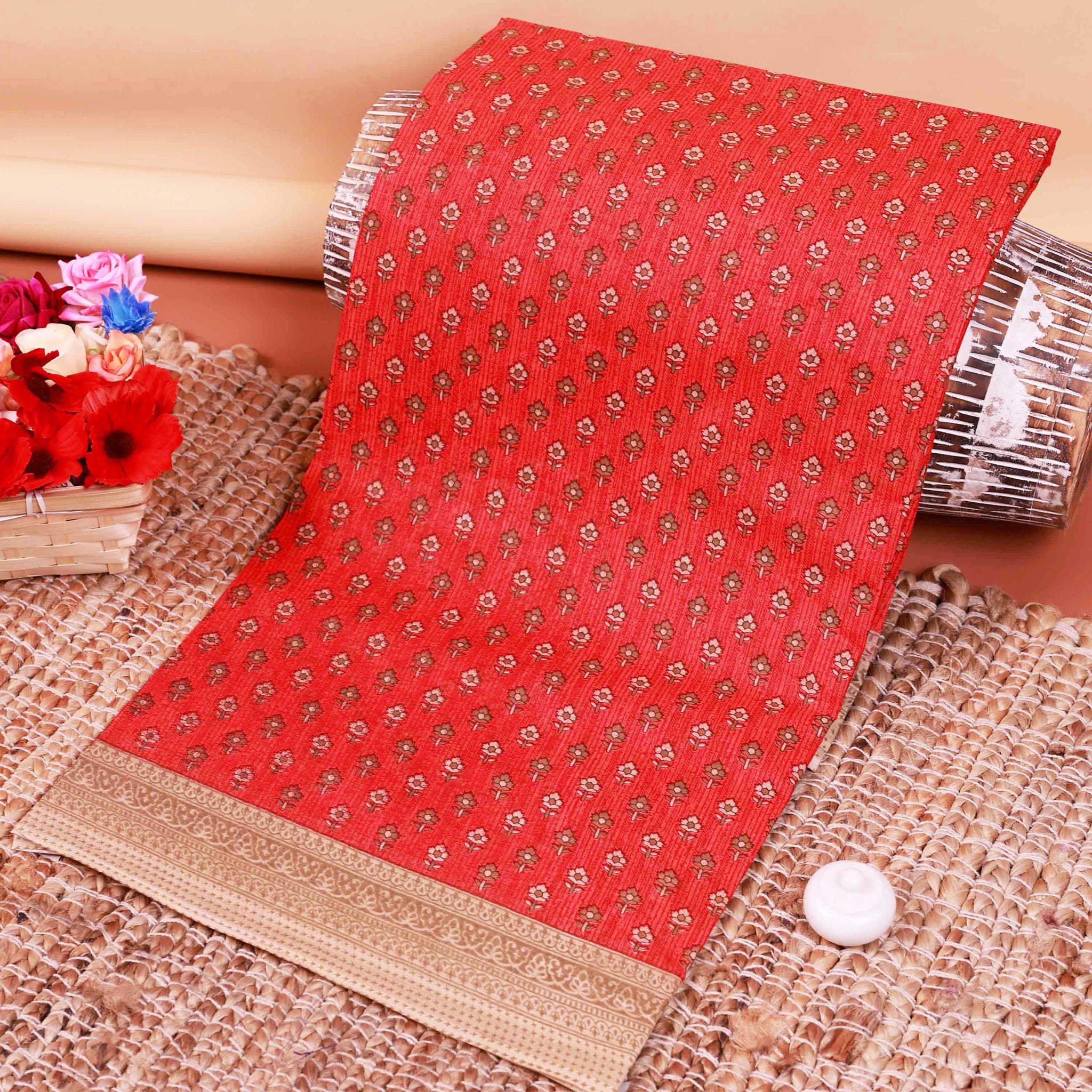 Elegant Floral Motif Voile Cotton Saree - Red