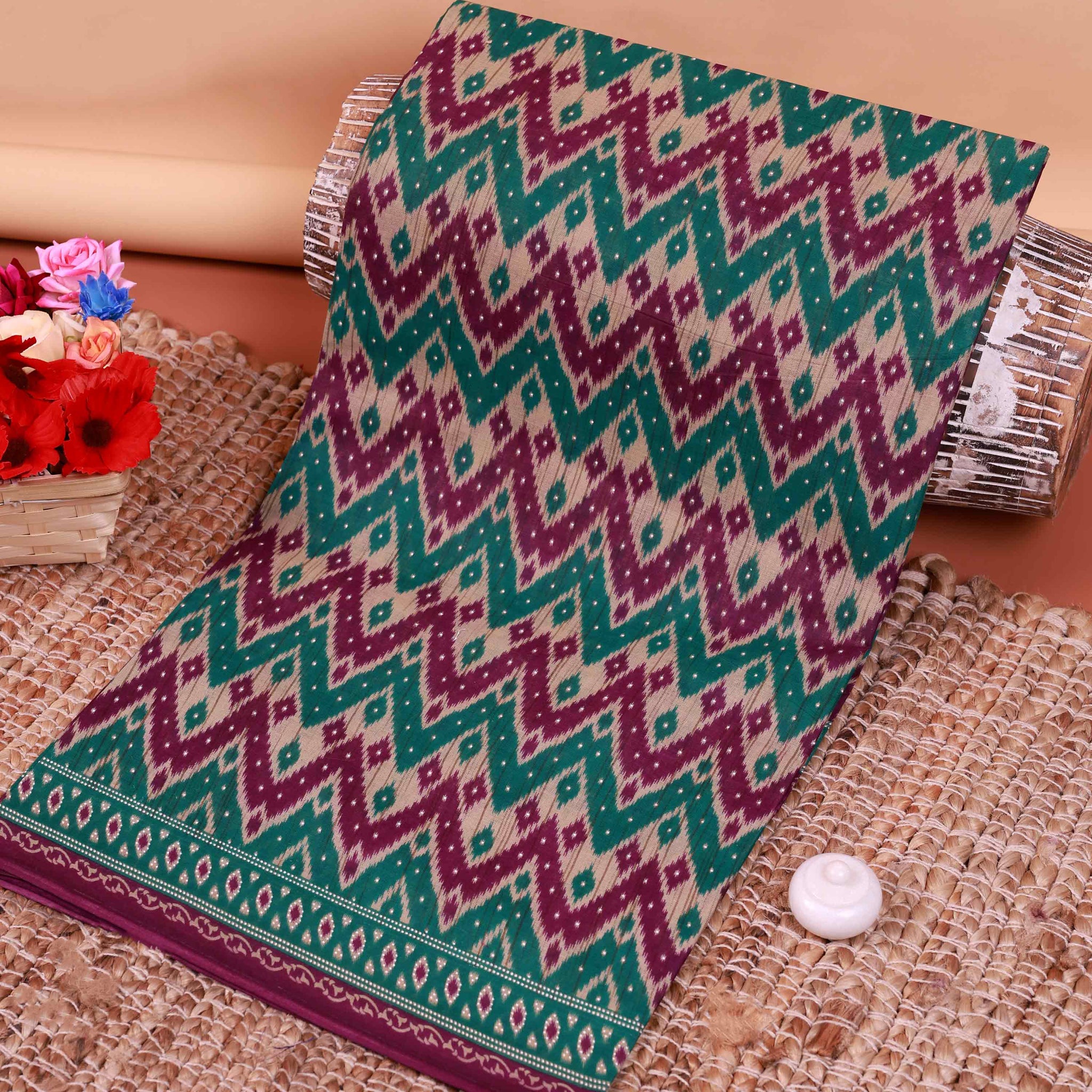 Geometric Zigzag Pattern Voile Cotton Saree with Diamond Motifs - Multi
