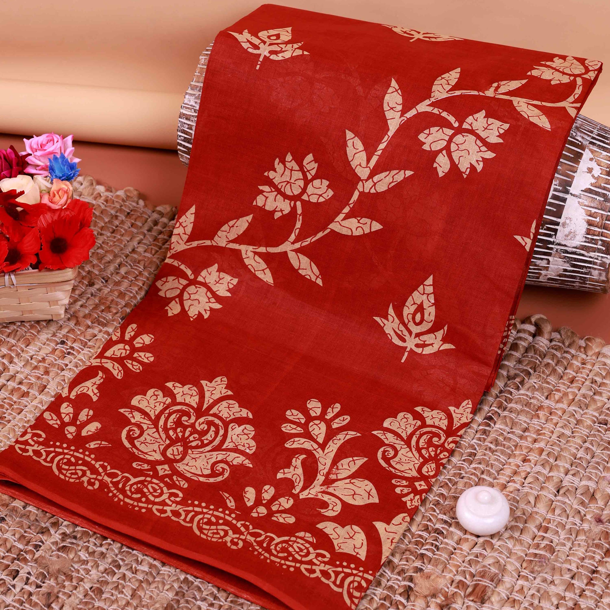All-Over Floral Printed Voile Saree with Intricate Contrast Border – Red