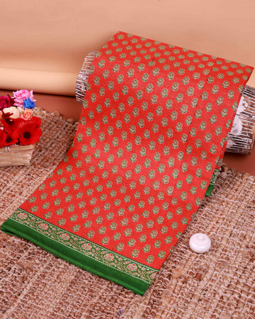 All-Over Floral Printed Voile Saree with Intricate Contrast Border – Orange