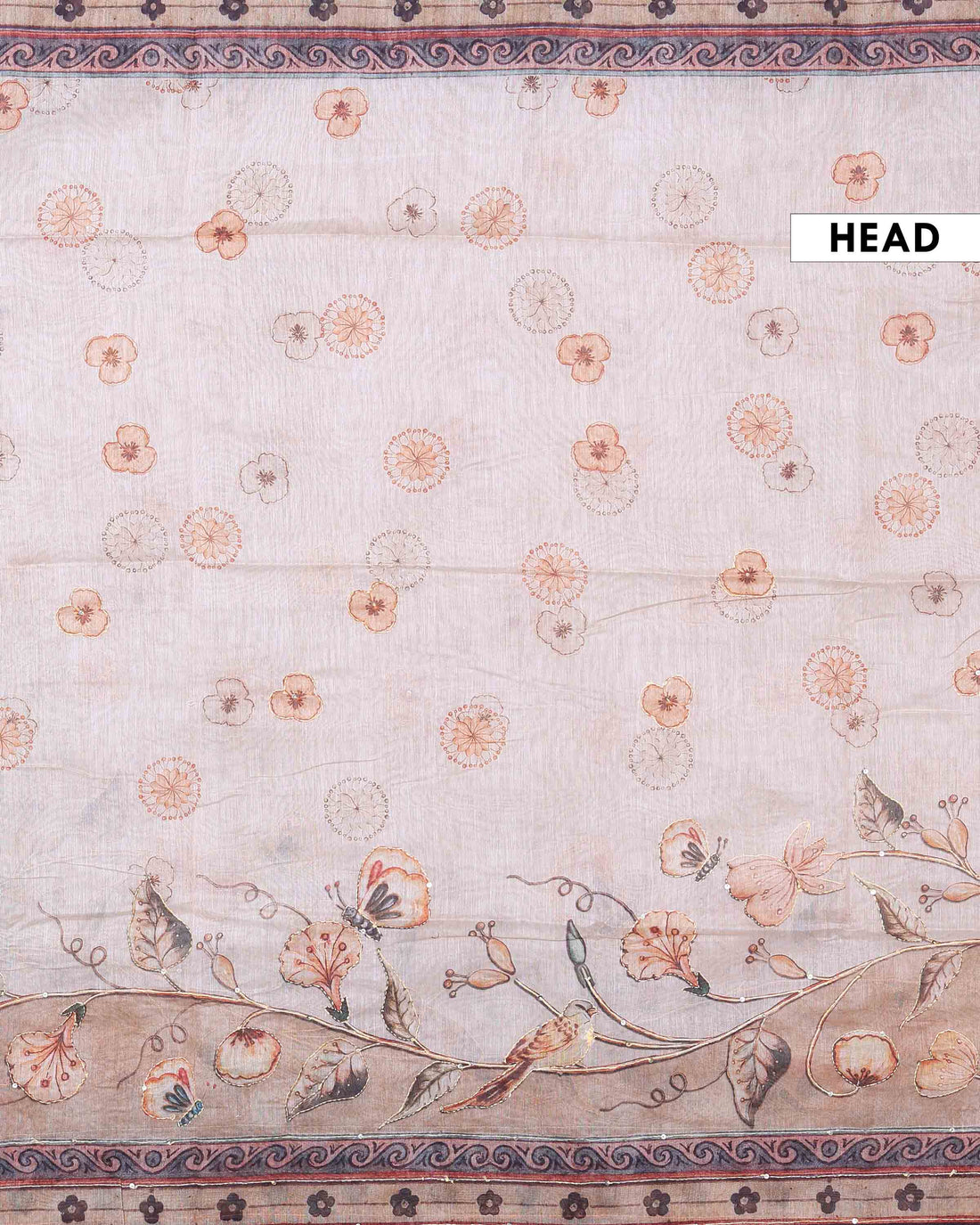 Elegant Linen Blend Kantha Saree with Delicate Floral and Vine Print and Rich Maroon Printed Border - Beige