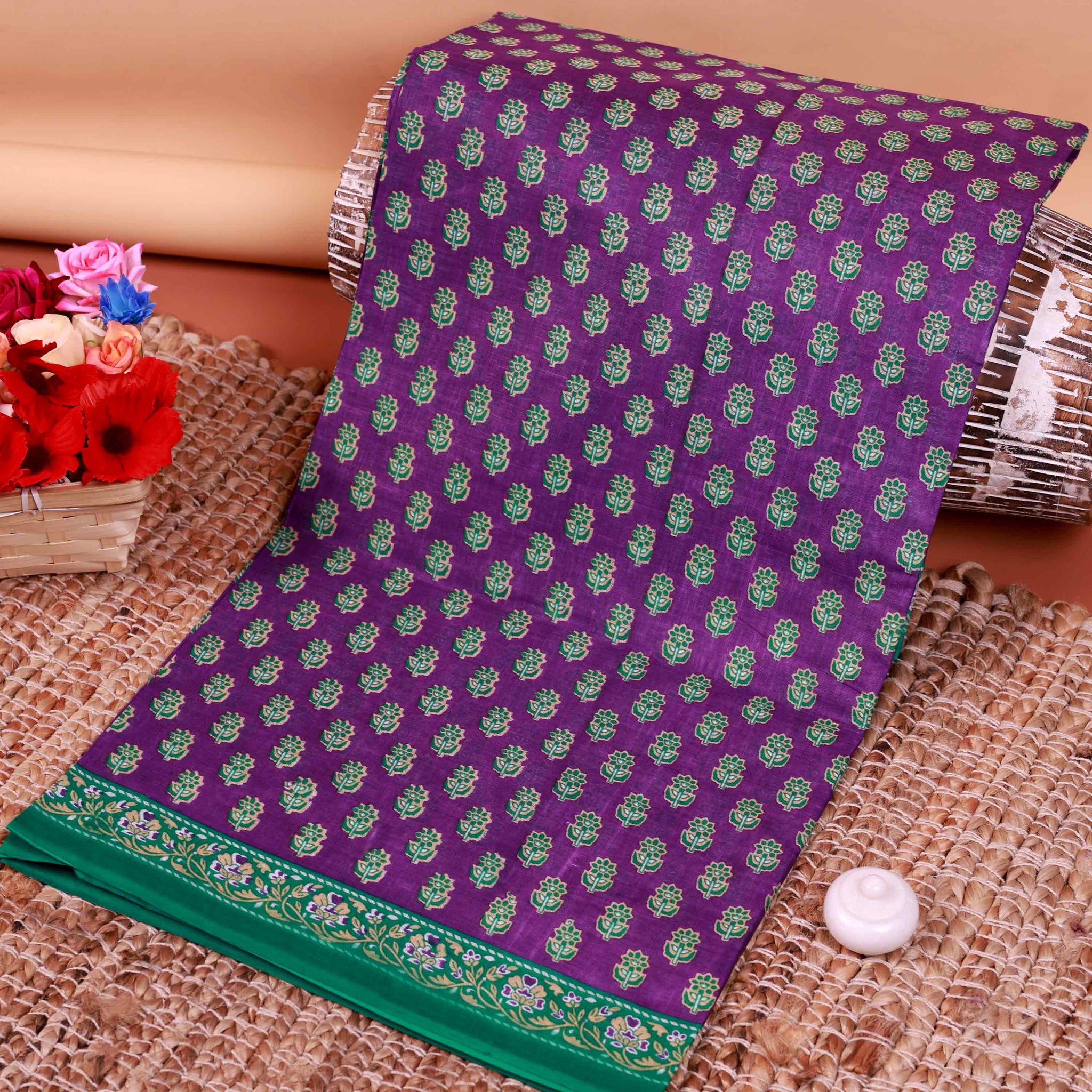 All-Over Floral Printed Voile Saree with Intricate Contrast Border – Purple
