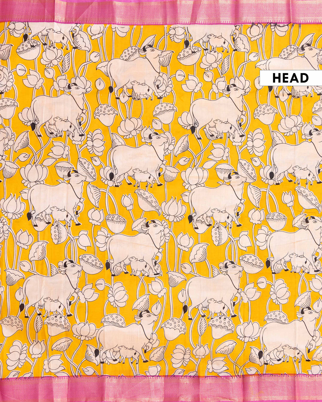 Traditional Semi Chanderi Saree with Intricate Cow and Lotus Pattern and Contrast Geometric Border- Yellow