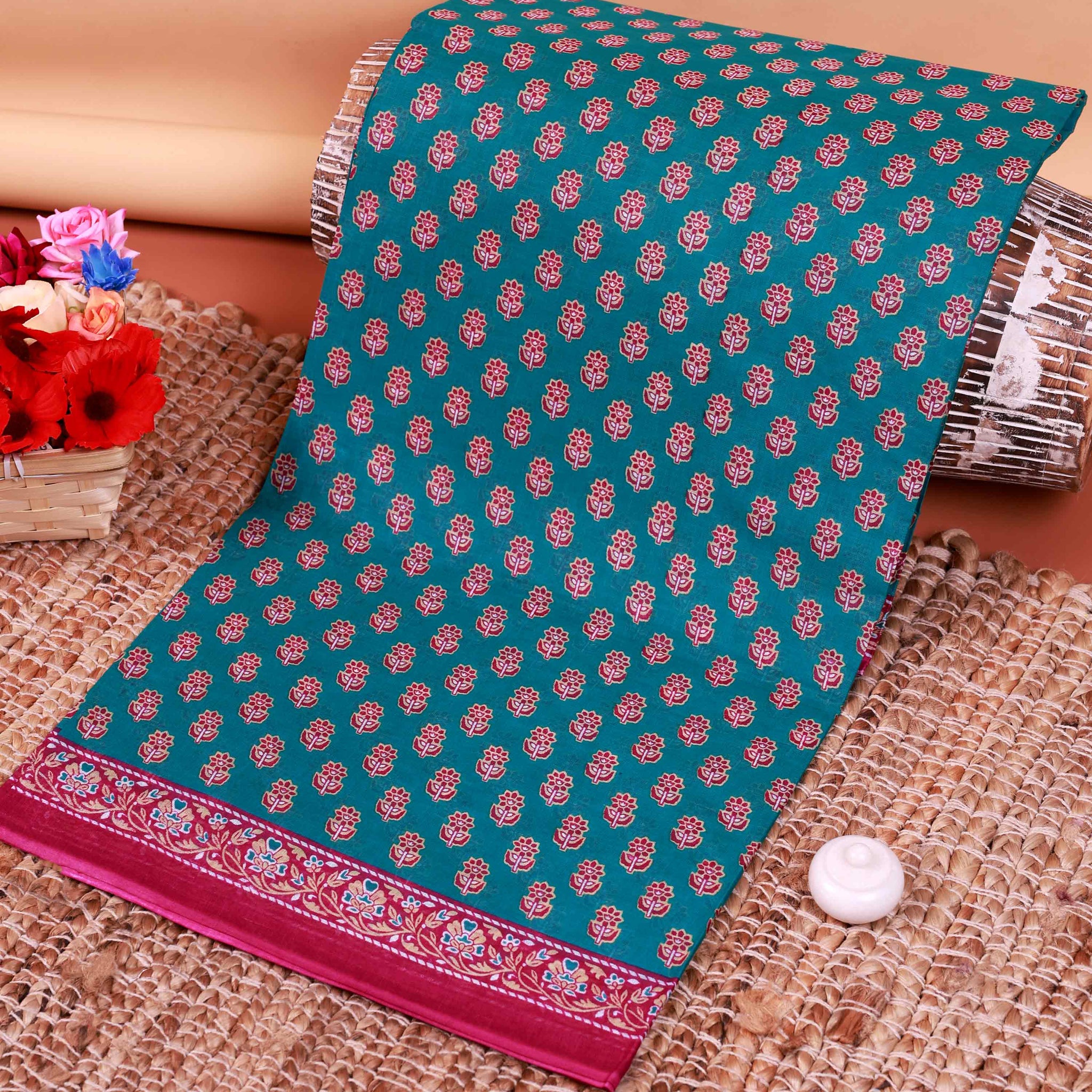 All-Over Floral Printed Voile Saree with Intricate Contrast Border – Teal