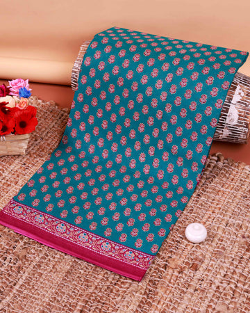 All-Over Floral Printed Voile Saree with Intricate Contrast Border – Teal