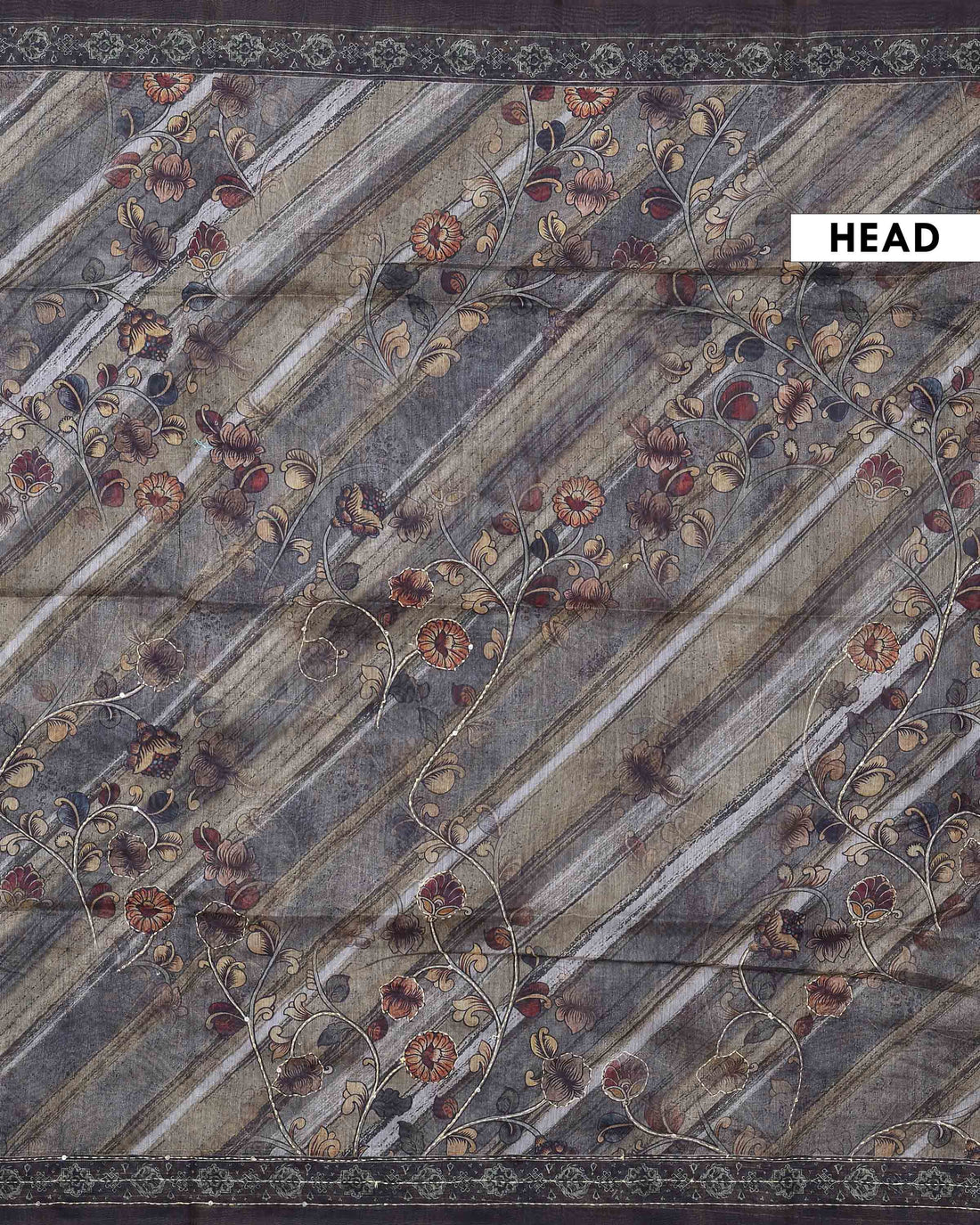 Elegant Linen Blend Kantha Saree with Delicate Floral and Vine Print and Rich Maroon Printed Border - Black