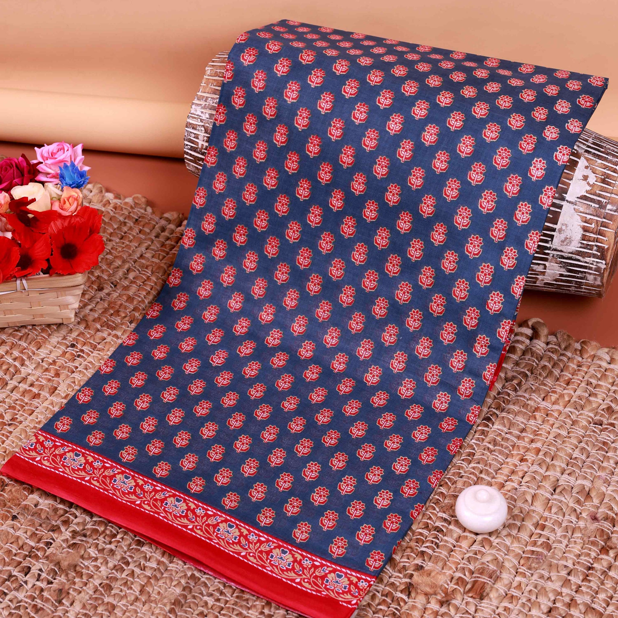 All-Over Floral Printed Voile Saree with Intricate Contrast Border – Navy Blue