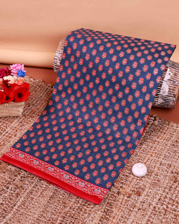 All-Over Floral Printed Voile Saree with Intricate Contrast Border – Navy Blue
