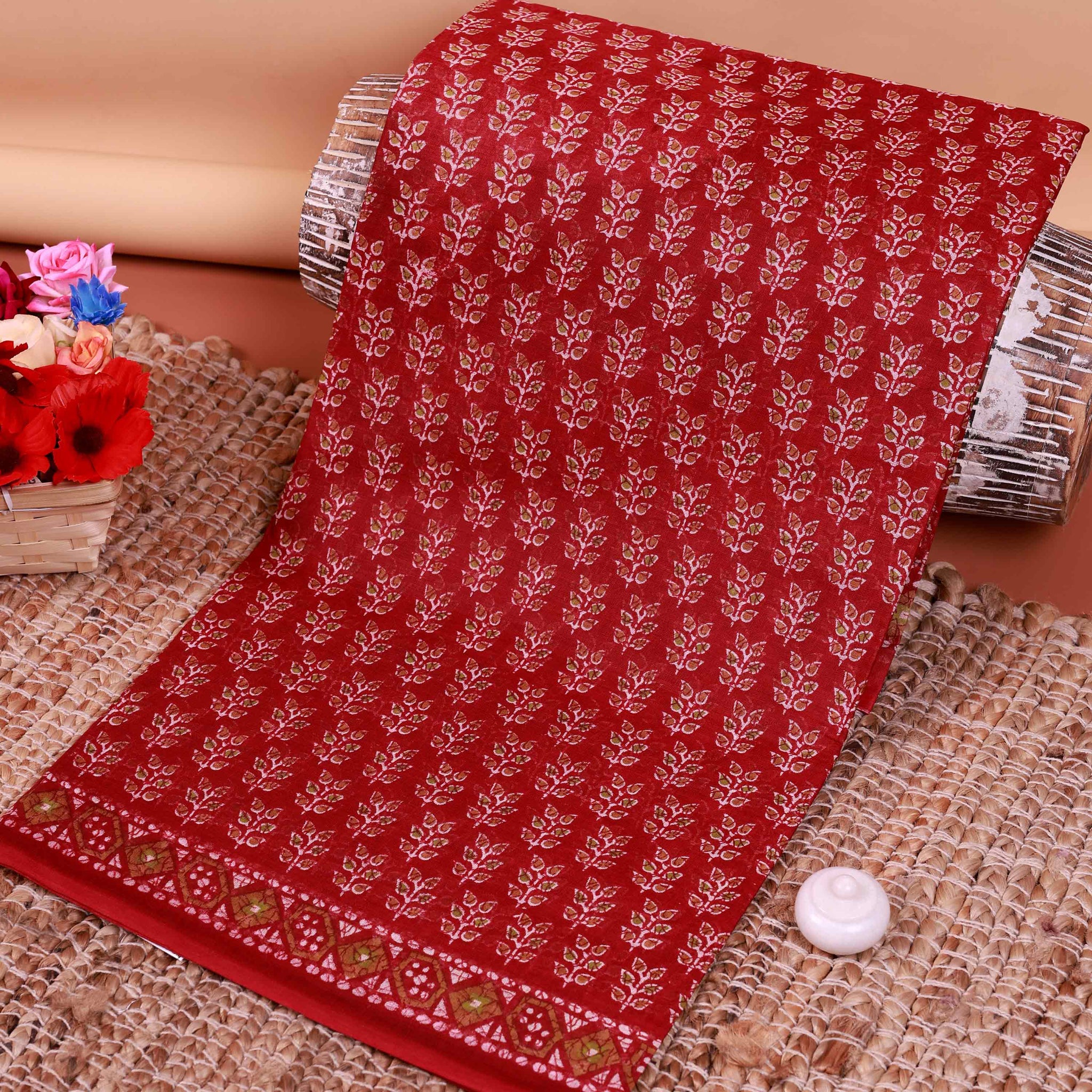 All-Over Floral Printed Voile Saree with Intricate Contrast Border – Maroon