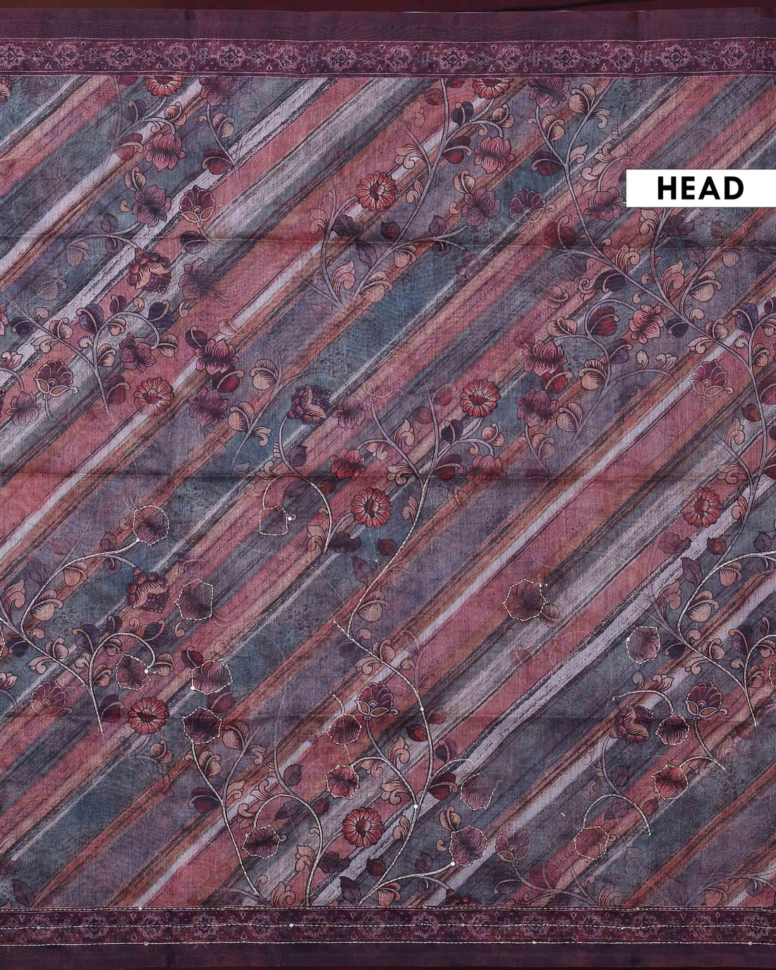 Elegant Linen Blend Kantha Saree with Delicate Floral and Vine Print and Rich Maroon Printed Border - Burgundy