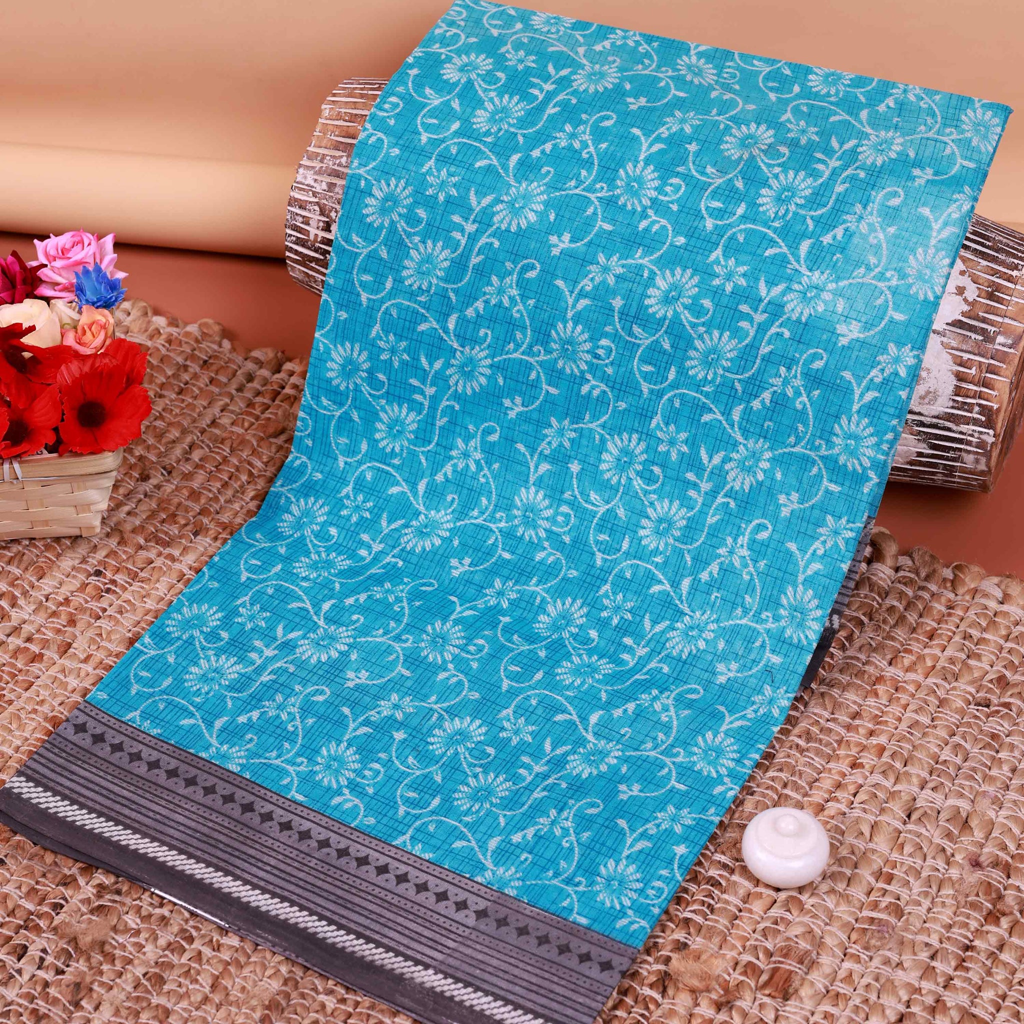 All-Over Floral Printed Voile Saree with Intricate Contrast Border – Blue