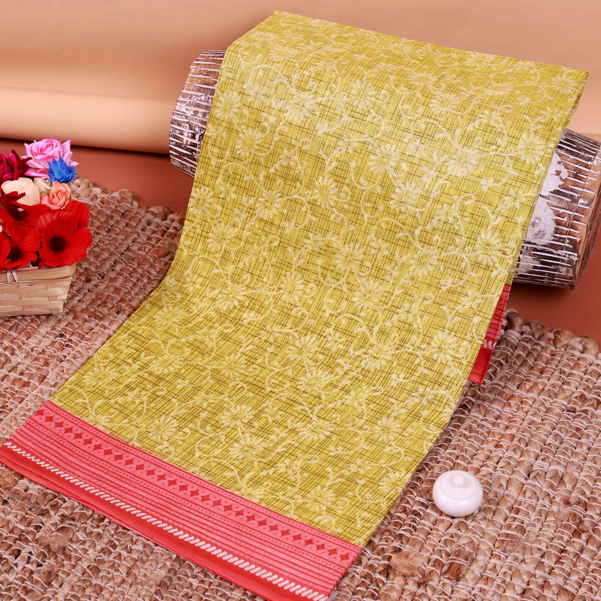 All-Over Floral Printed Voile Saree with Intricate Contrast Border – Olive Green