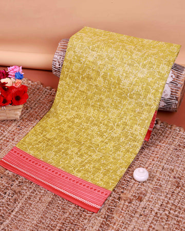 All-Over Floral Printed Voile Saree with Intricate Contrast Border – Olive Green