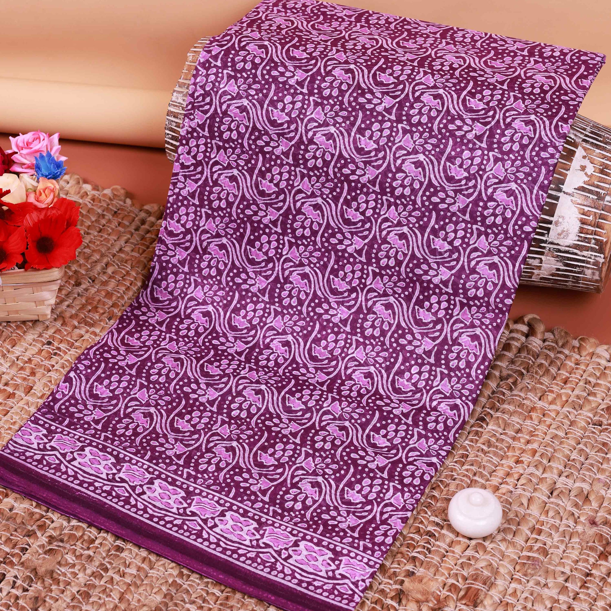 All-Over Floral Printed Voile Saree with Intricate Contrast Border – Purple