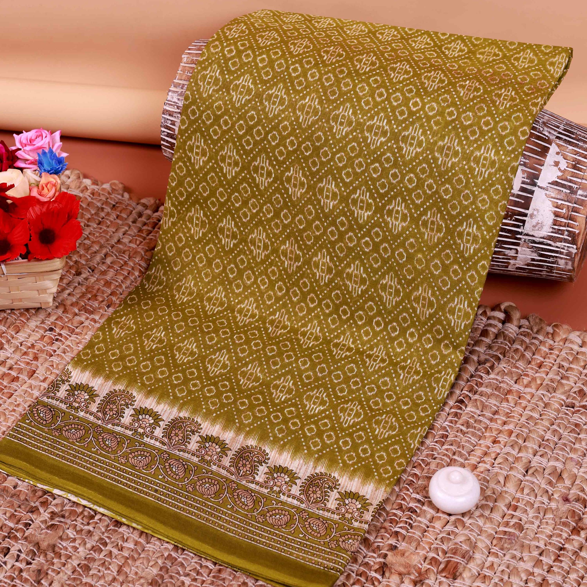 All-Over Floral Printed Voile Saree with Intricate Contrast Border – Olive Green
