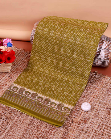 All-Over Floral Printed Voile Saree with Intricate Contrast Border – Olive Green