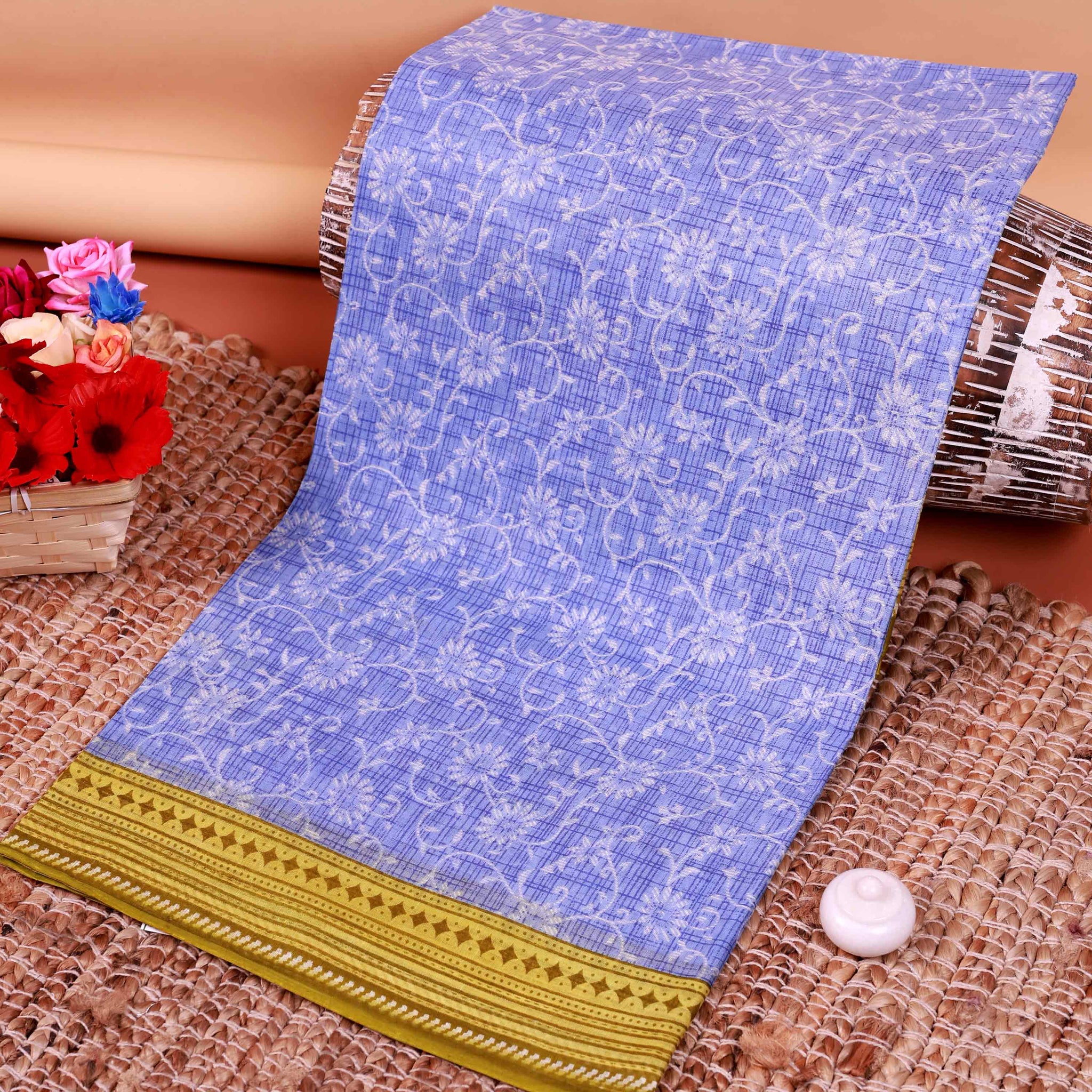 All-Over Floral Printed Voile Saree with Intricate Contrast Border – Blue