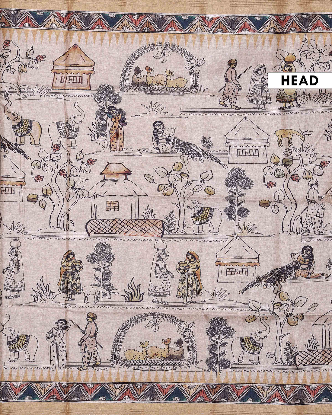 Classic Semi Tussar Saree with Tribal and Folk Art Print and Geometric Printed Border - Beige