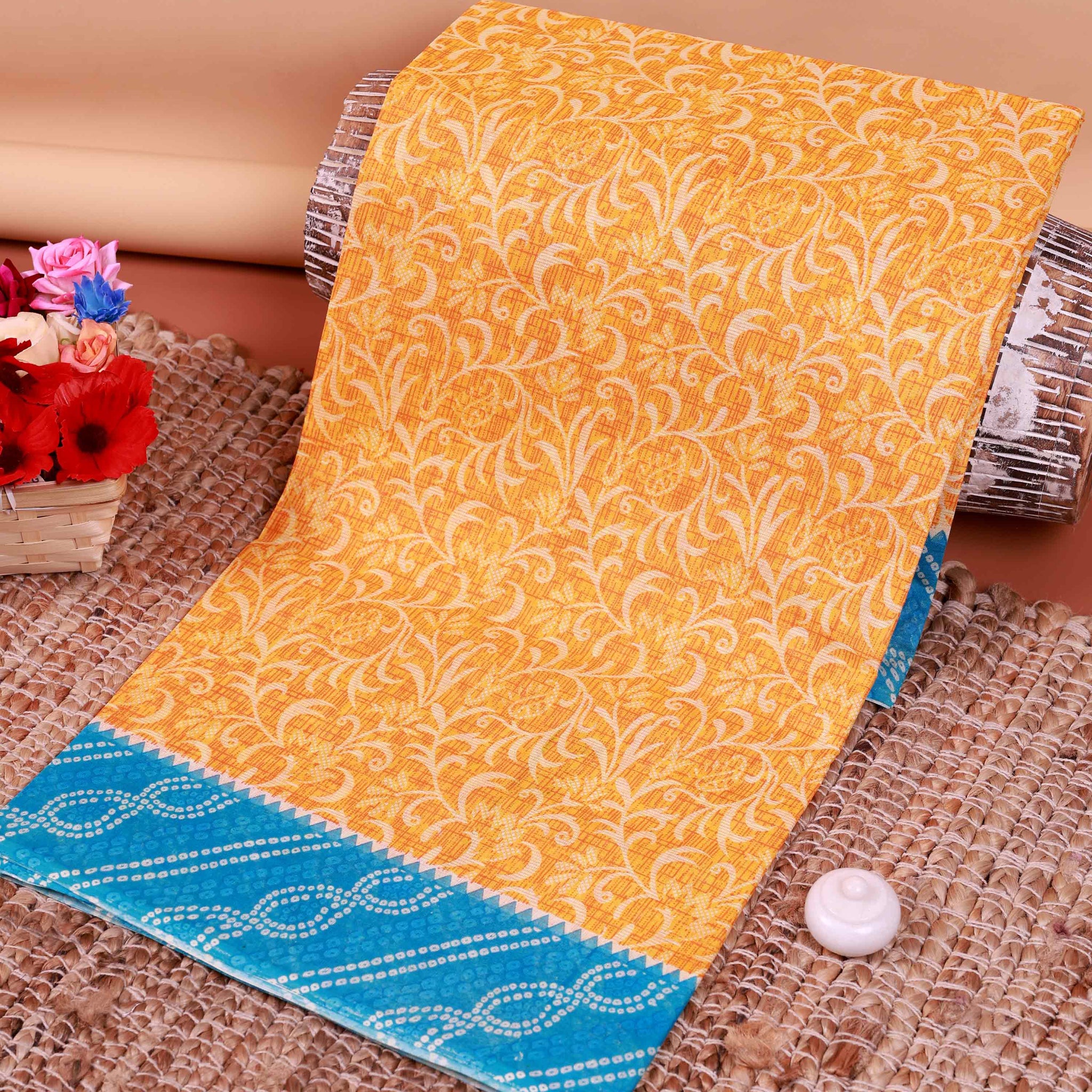All-Over Floral Printed Voile Saree with Intricate Contrast Border – Orange