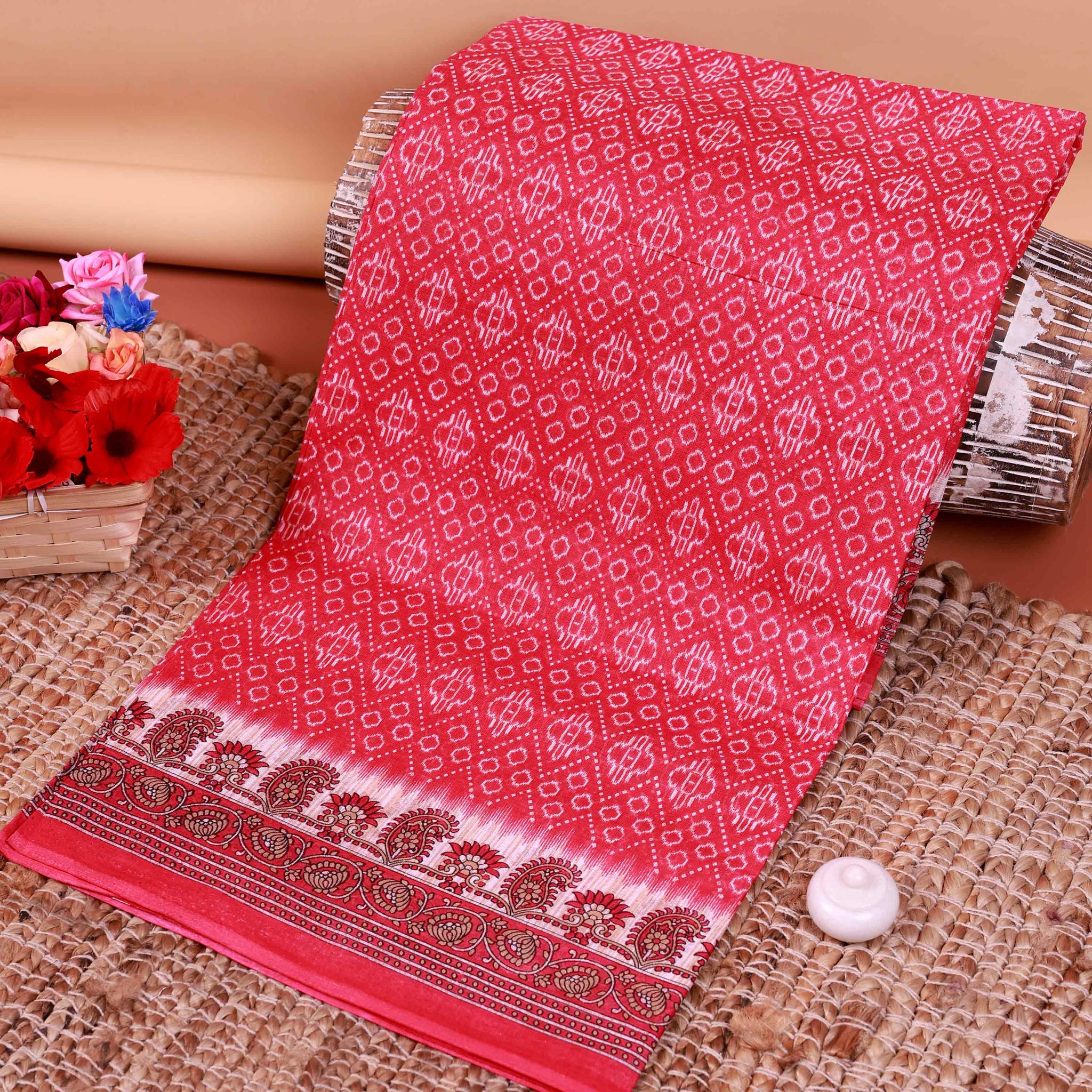 All-Over Floral Printed Voile Saree with Intricate Contrast Border – Red