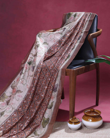 Elegant Linen Organza Saree with All Over Patola Print and Traditional Floral Pallu - Brown