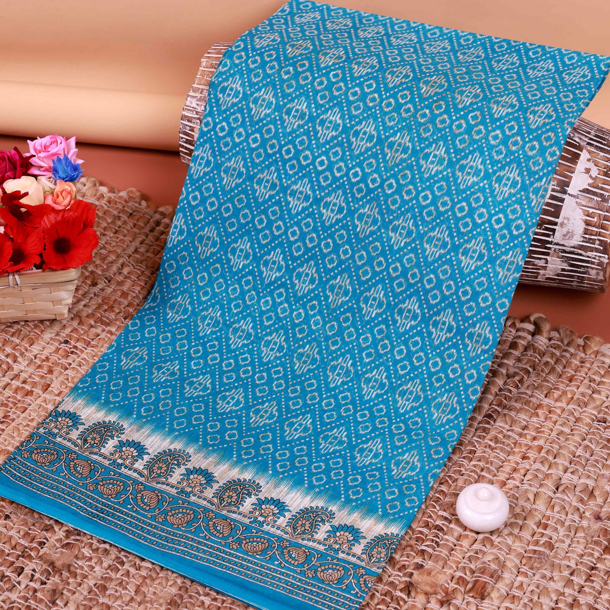 All-Over Floral Printed Voile Saree with Intricate Contrast Border – Blue