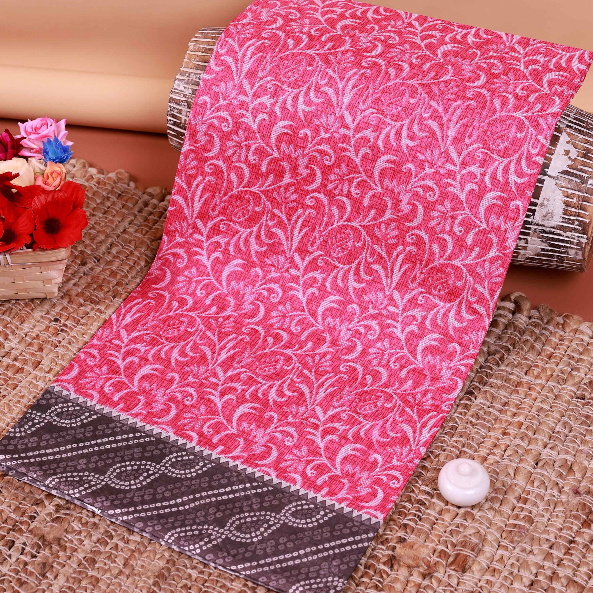 All-Over Floral Printed Voile Saree with Intricate Contrast Border – Pink