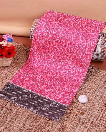 All-Over Floral Printed Voile Saree with Intricate Contrast Border – Pink