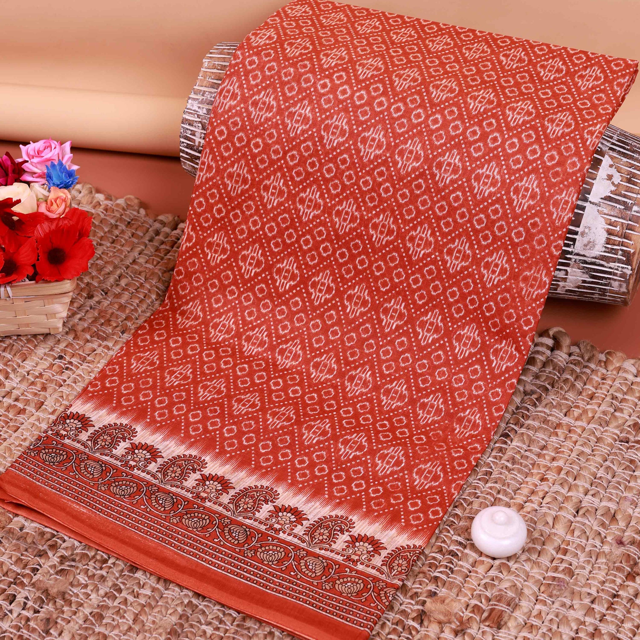 All-Over Floral Printed Voile Saree with Intricate Contrast Border – Light Red