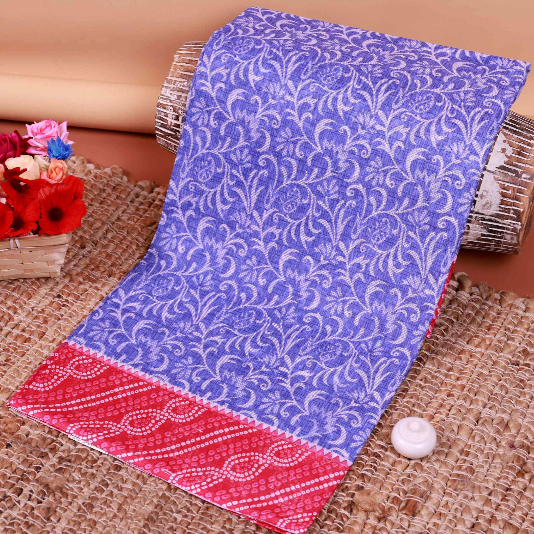 All-Over Floral Printed Voile Saree with Intricate Contrast Border – Blue