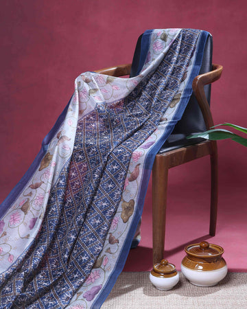 Elegant Linen Organza Saree with All Over Patola Print and Traditional Floral Pallu - Blue