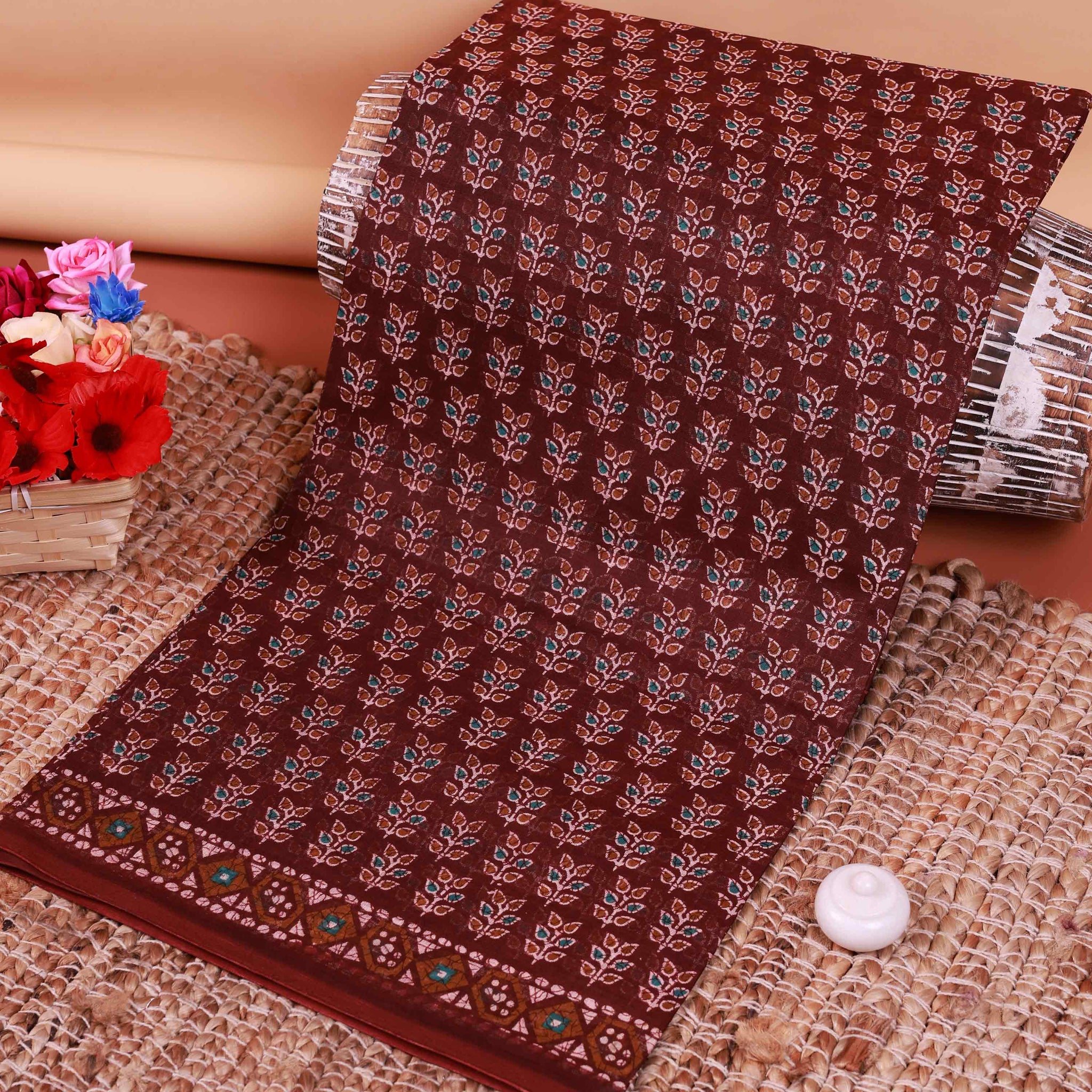 All-Over Floral Printed Voile Saree with Intricate Contrast Border – Brown