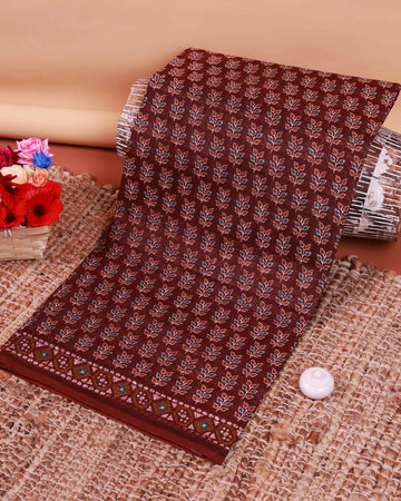 All-Over Floral Printed Voile Saree with Intricate Contrast Border – Brown