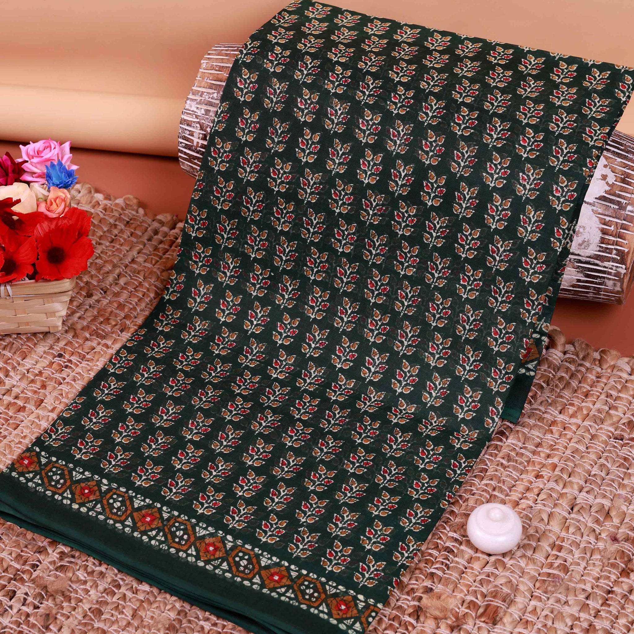 All-Over Floral Printed Voile Saree with Intricate Contrast Border – Green