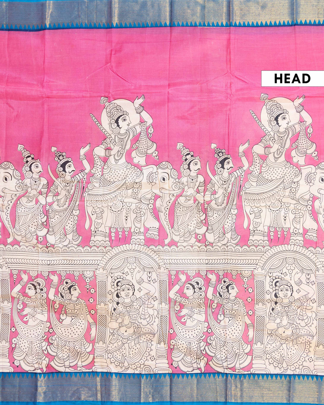 Traditional Mangalagiri Semi Chanderi Saree with Hand Printed Motifs and Temple Border- Pink
