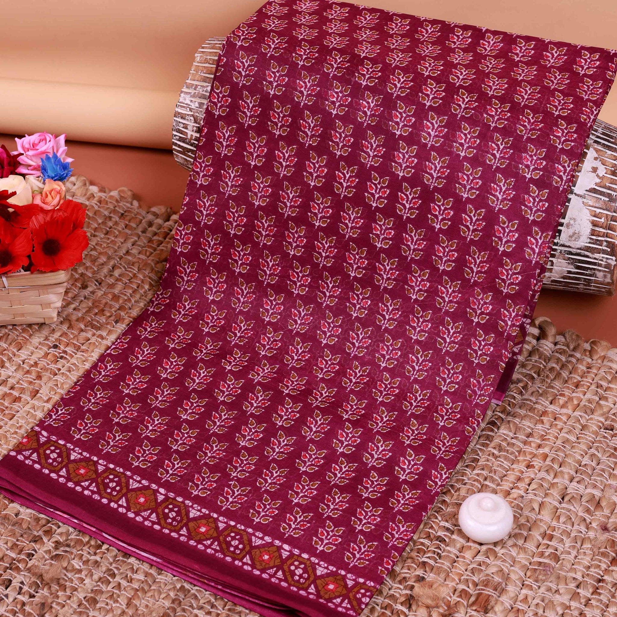 All-Over Floral Printed Voile Saree with Intricate Contrast Border – Purple