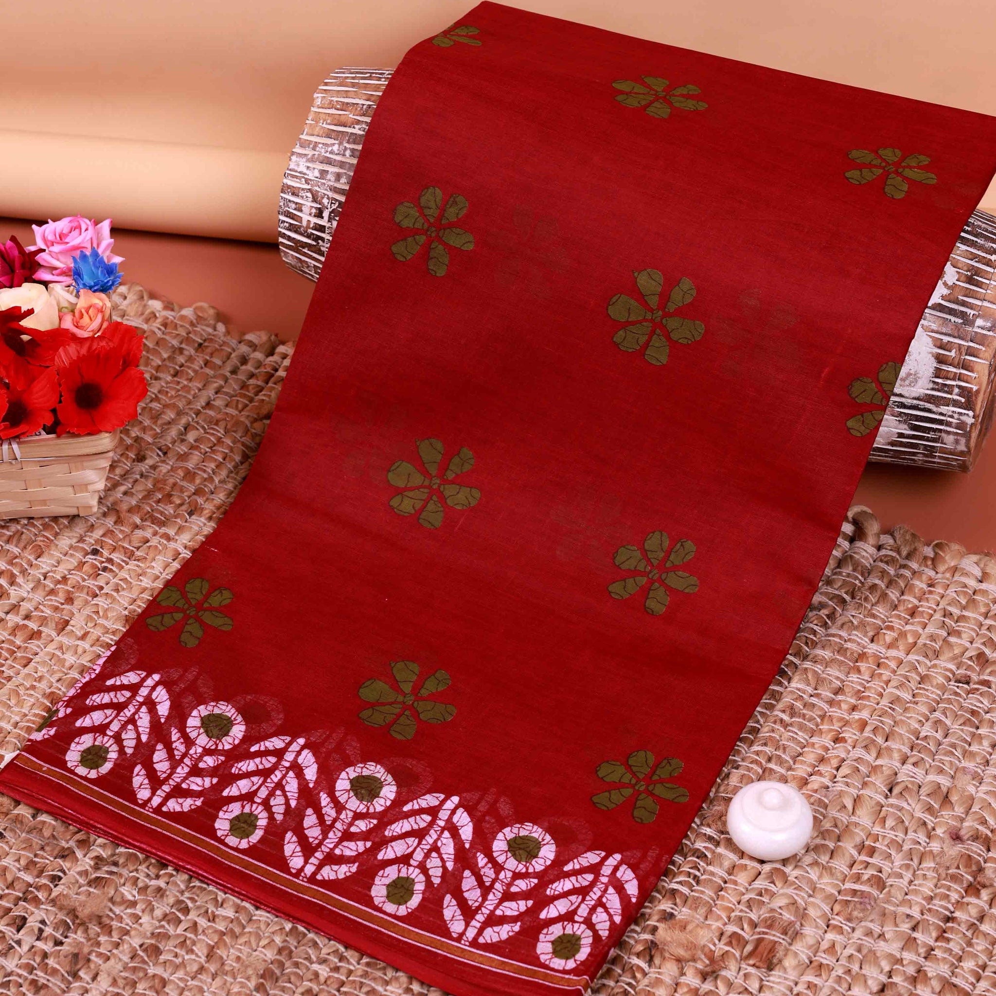 All-Over Floral Printed Voile Saree with Intricate Contrast Border – Red